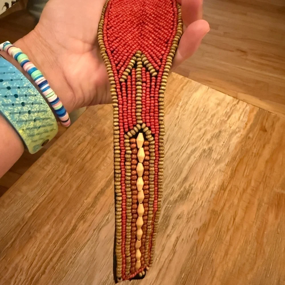 Red Blue Wood Glass & Turquoise Beaded Belt Fits 29 Waist